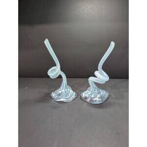 Art Glass Flower Set Of 2, Blue White‎ Flecks, Curled Stem Decor, Glass Flower